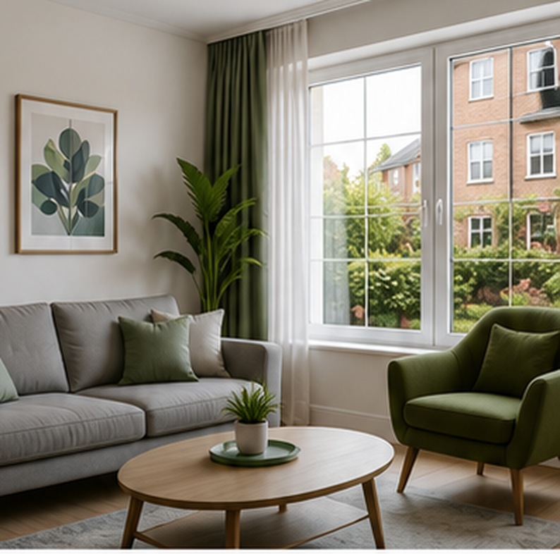 A furnished living room looking out onto an Aston Cross Housing development