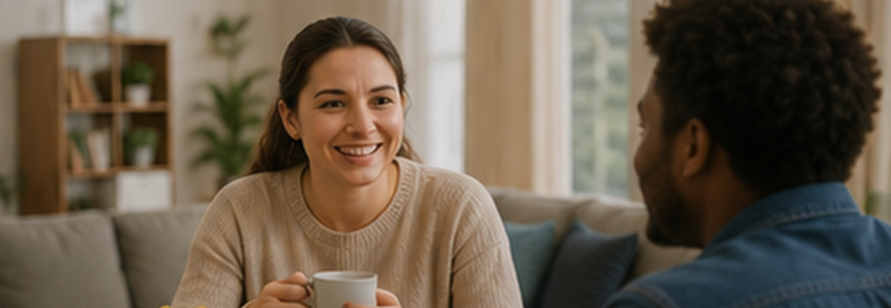 Two people in conversation on a sofa in a specialist housing home