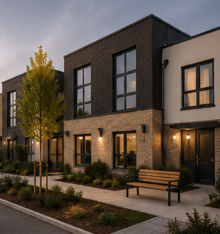 A street of newly built Bridgeway Specialist Housing homes at dusk