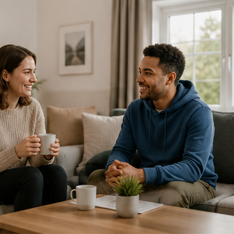 Two people talking over a cup of tea in a supported living home