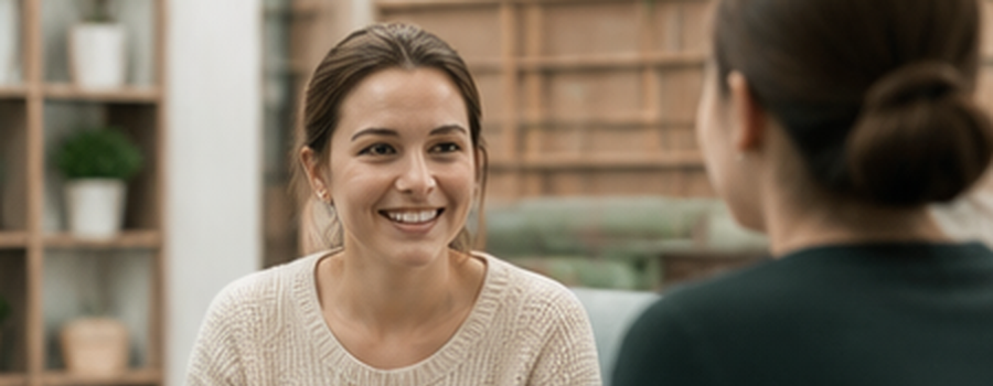 A support worker and a tenant talking in a living room