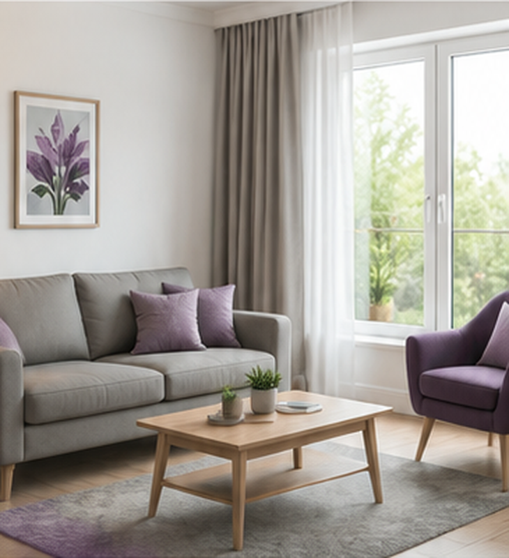A bright, furnished living room in a Positive Choices Housing home