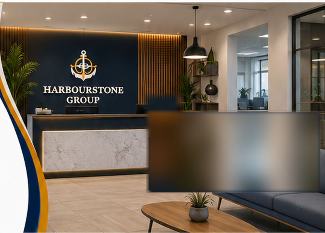 The HarbourStone Group reception, with the company sign behind a marble desk