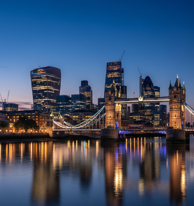 The City of London skyline and Tower Bridge at dusk