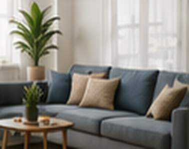 A furnished living room with a sofa, coffee table and plants
