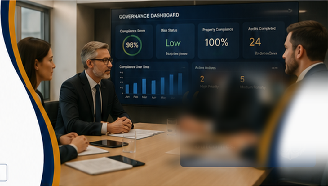 Three colleagues in a boardroom meeting in front of a governance dashboard on screen