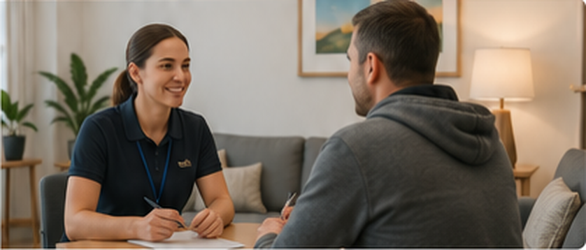 A support worker and a tenant talking across a table in a living room