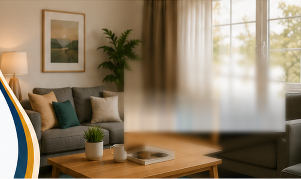 A bright, furnished living room in a supported home