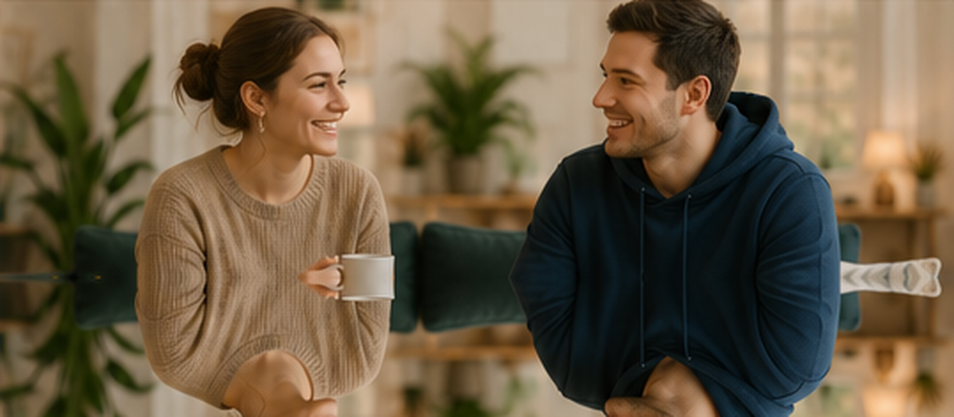 Two people talking on a sofa in the living room of a supported home