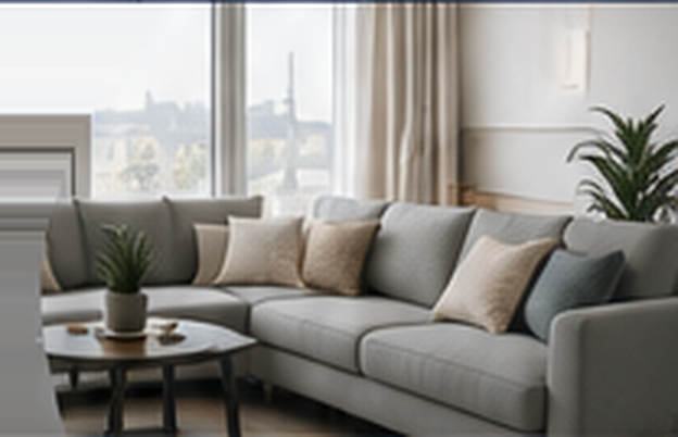 A furnished living room with a city view