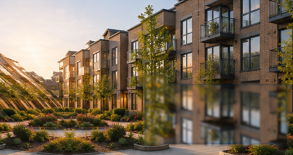 A terrace of new apartment buildings at sunset
