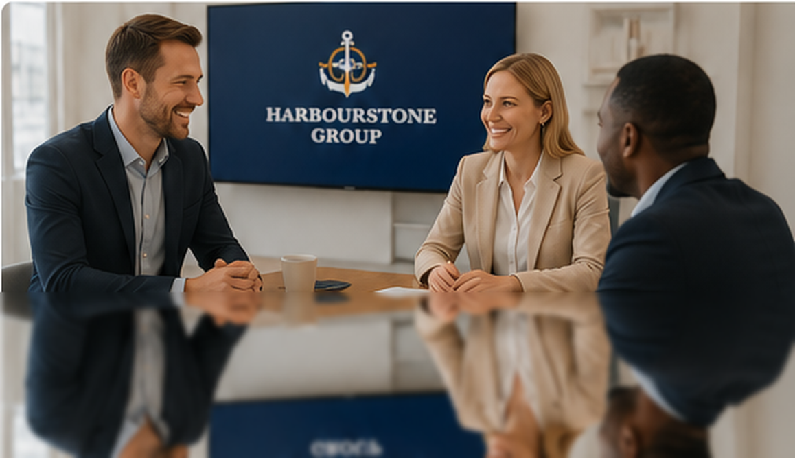 Three colleagues talking across a boardroom table
