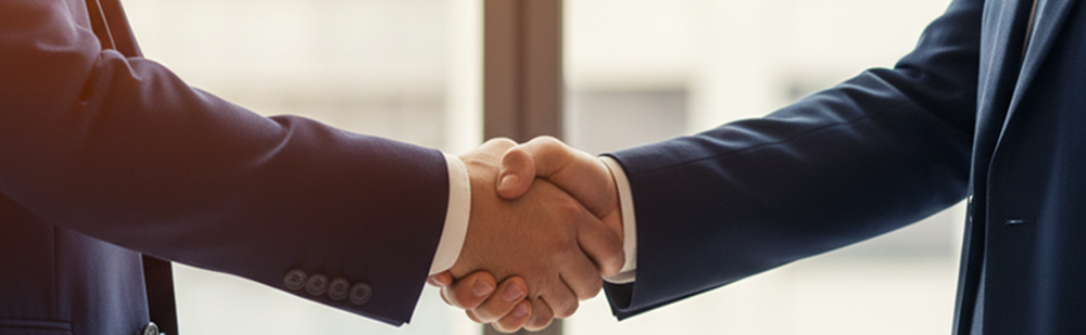 Two people in business suits shaking hands in front of an office window