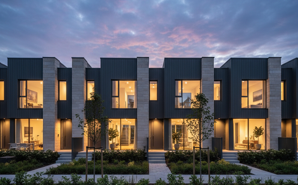 A terrace of newly built townhouses lit from within at dusk