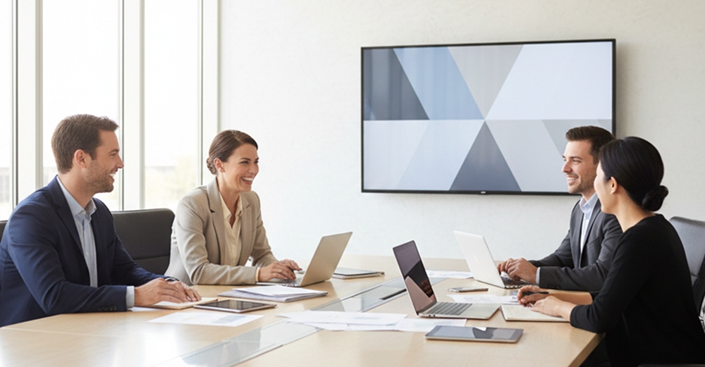 Four colleagues talking around a boardroom table