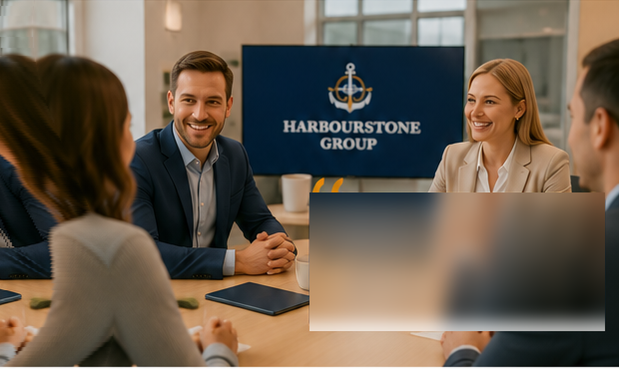 Four colleagues talking around a boardroom table in front of a HarbourStone Group screen